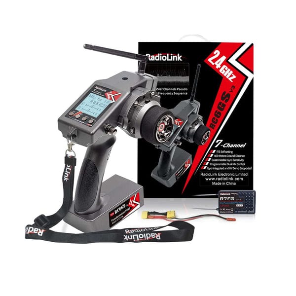 Radiolink RC6GS V3 Transmitter RC6GS V3 7 Channels RC Transmitter and Waterproof Gyro Receiver R7FG, 30 Models Storage 2.4Ghz Voltage Telemetry Surface Remote Radio Controller for RC Crawler, Drifting, Car and Boat