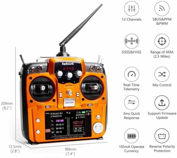 Radiolink AT10II 12 Channels RC Transmitter and Receiver R12DS 2.4GHz Radio Remote, Voltage Telemetry for RC Airplane, FPV Racing Drone, Quad, Helicopter, Car and Boat (Mode 2 Left-Hand Throttle) - Convenient