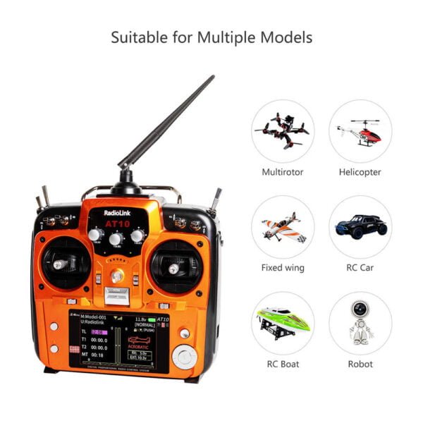 Radiolink AT10II 12 Channels RC Transmitter and Receiver R12DS 2.4GHz Radio Remote, Voltage Telemetry for RC Airplane, FPV Racing Drone, Quad, Helicopter, Car and Boat (Mode 2 Left-Hand Throttle) - Convenient