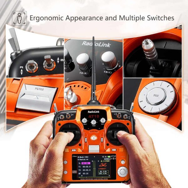 Radiolink AT10II 12 Channels RC Transmitter and Receiver R12DS 2.4GHz Radio Remote, Voltage Telemetry for RC Airplane, FPV Racing Drone, Quad, Helicopter, Car and Boat (Mode 2 Left-Hand Throttle) - Convenient