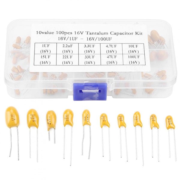 100pcs 10Value 16V Tantalum Capacitor Kit 1uF-100uF Capacitors Assortment Kit With Plastic Box For DIY Electronics Projects