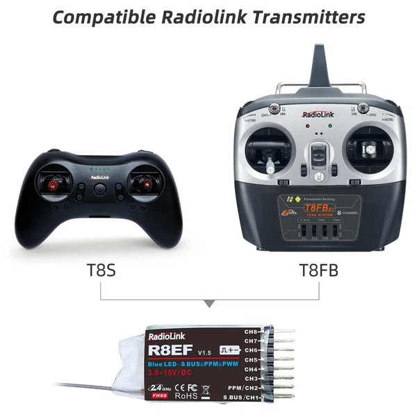 Radiolink R8EF RC Receiver R8EF 8 Channels 2.4GHz RC Receiver SBUS/PPM/PWM Long Range Control RX for Airplane Vehicles Robots Transmitter T8FB T8S RC8X RC4GS V3 RC6GS V3