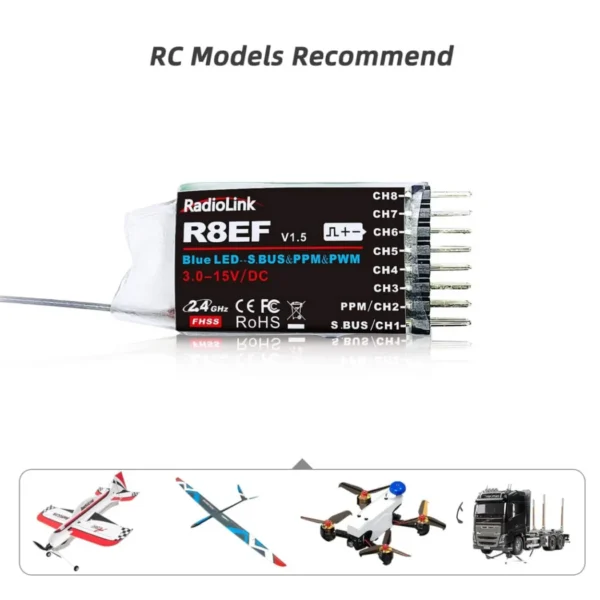 Radiolink R8EF RC Receiver R8EF 8 Channels 2.4GHz RC Receiver SBUS/PPM/PWM Long Range Control RX for Airplane Vehicles Robots Transmitter T8FB T8S RC8X RC4GS V3 RC6GS V3