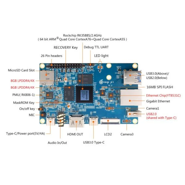 Orange Pi 5 16GB Rockchip RK3588S 8-Core 64 Bit Single Board Computer, Up to 2.4GHz and 8K Video Codec Support Development Board Run Orange Pi/Ubuntu/Debian/Android 12 OS