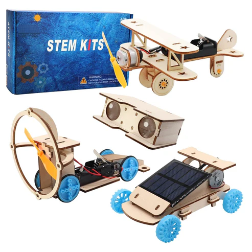 DIY 4 in 1 Wooden Science Experiment Model Kit 4 in 1 Set Solar Power Car, Electric Motor Biplane Glider,Toy Binoculars and Wind Power Car, STEM Educational Building Project for Kids Boys & Girls